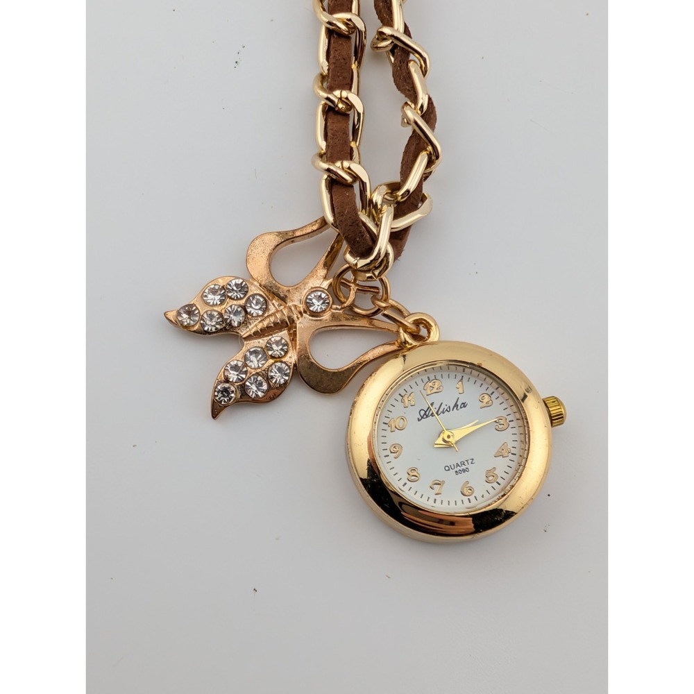 Ailisha Pendant Watch‎ w/ Butterfly Charm 23mm Case Brown/Gold- New Battery